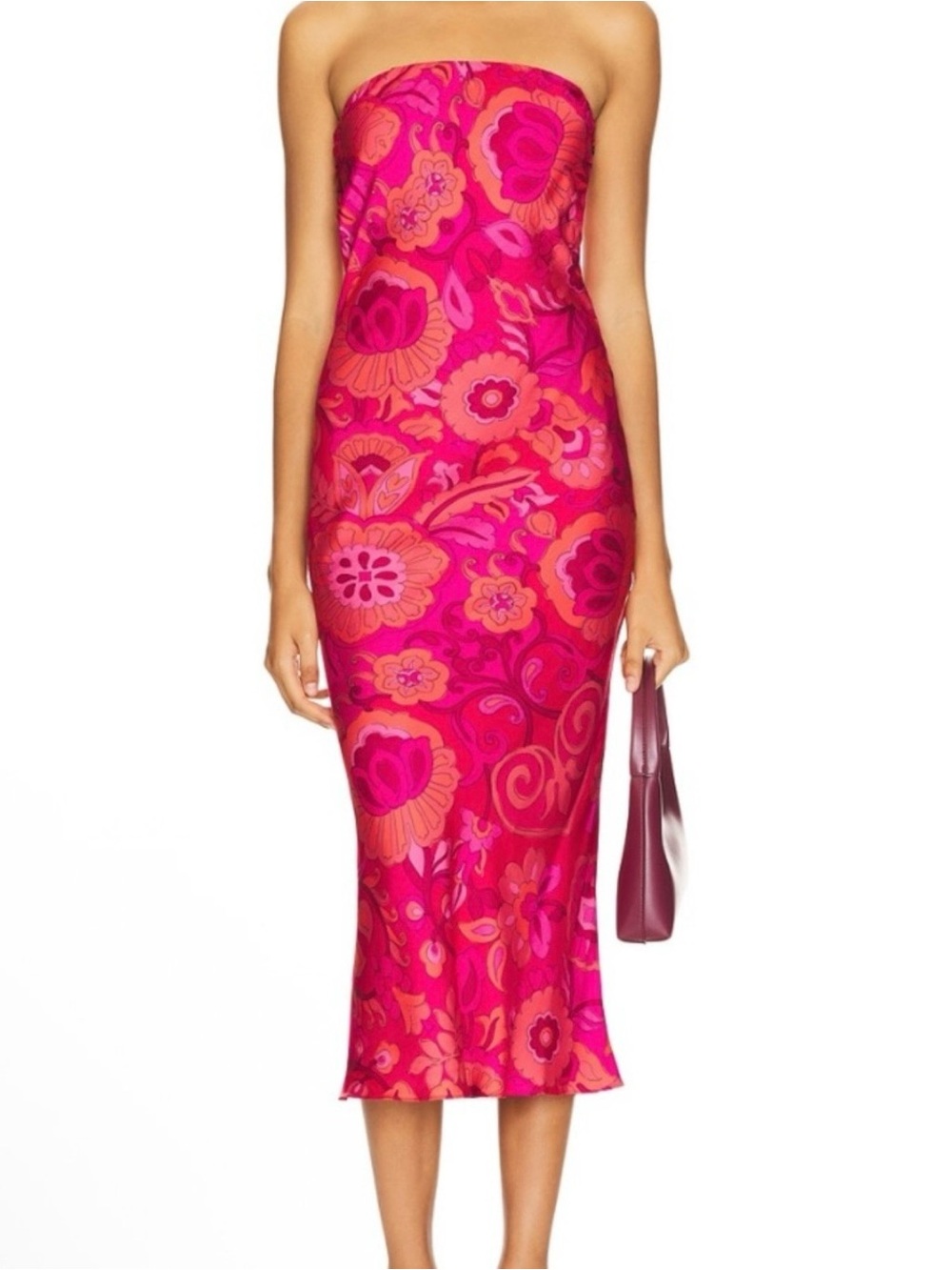 Misa Los Angeles Fuchsia and Orange paisley Strapless Midi Dress